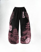 Black Wide-Leg Pants with Pink Japanese-Inspired Floral and Pagoda Print