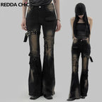 Women's Black and Blue Low-Rise Flare Cargo Jeans with Belt Detail