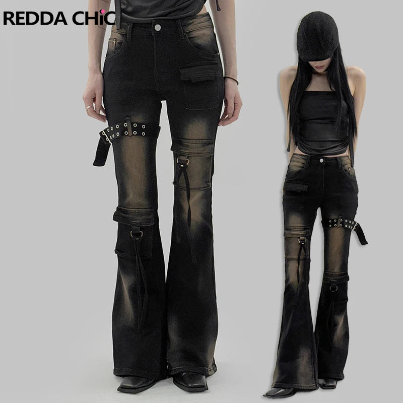 Women's Black and Blue Low-Rise Flare Cargo Jeans with Belt Detail