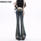 Women’s Blue Patchwork High-Waist Bootcut Jeans