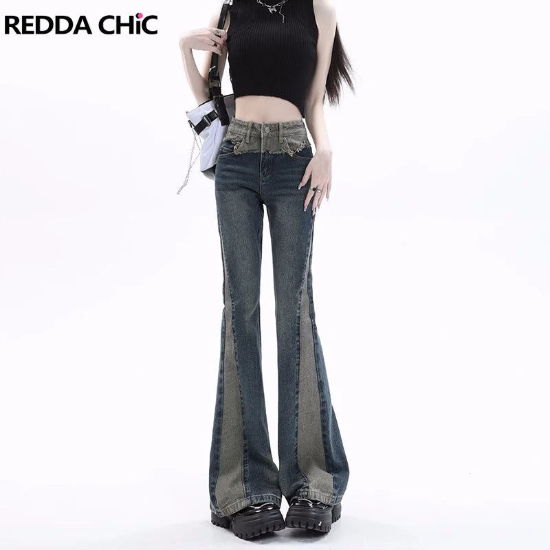 Women’s Blue Patchwork High-Waist Bootcut Jeans