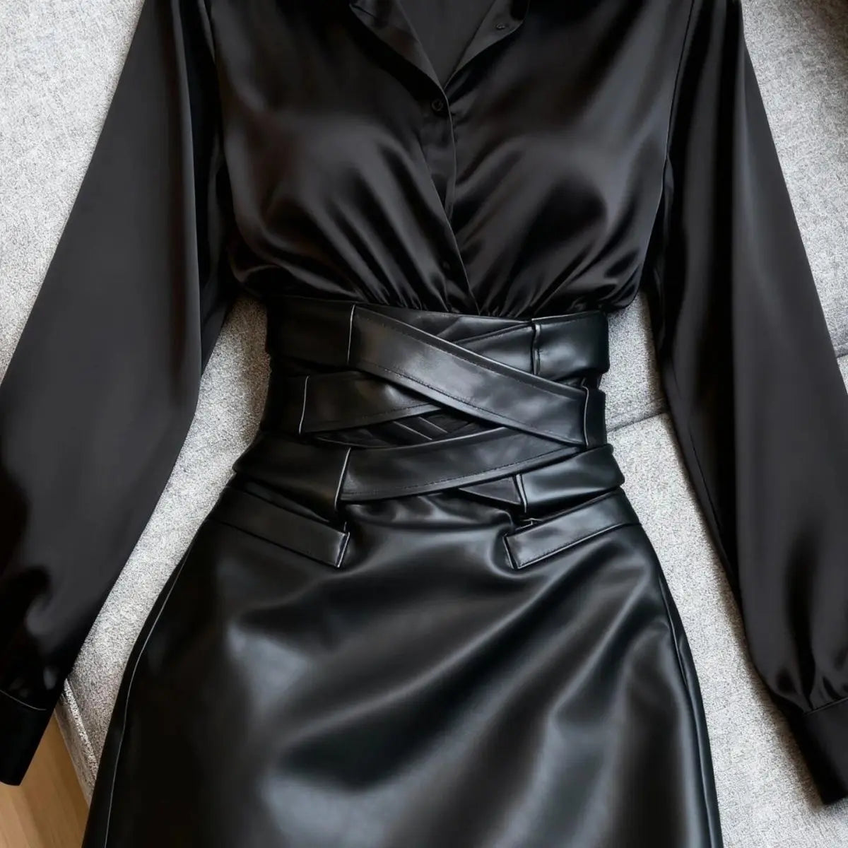 Women's Black Long-Sleeve Wrap-Waist Dress