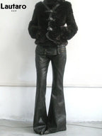Black-Gray Faux Leather High-Waist Flare Pants