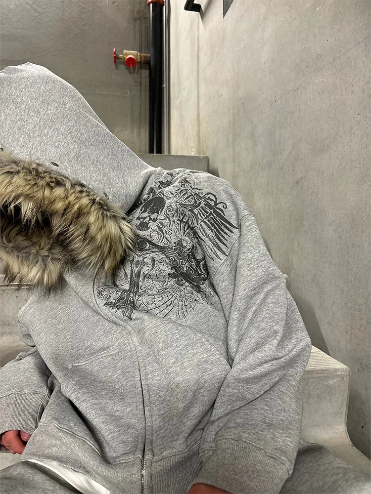 Women's Faux Fur Collar Graphic Zip-Up Hoodie