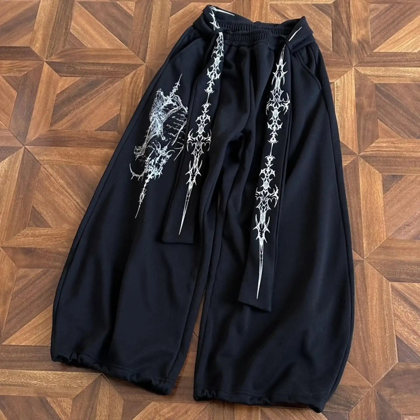 Gothic Graphic Wide-Leg Sweatpants with Drawstring Waist