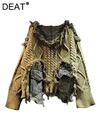 Women’s Patchwork Knit Pullover Sweater with Fringed Edges