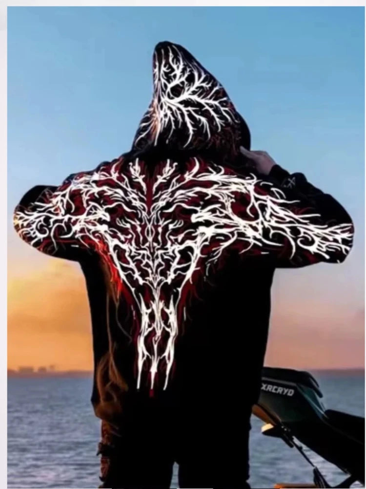 Men's Black and Red Graphic Zip Hoodie