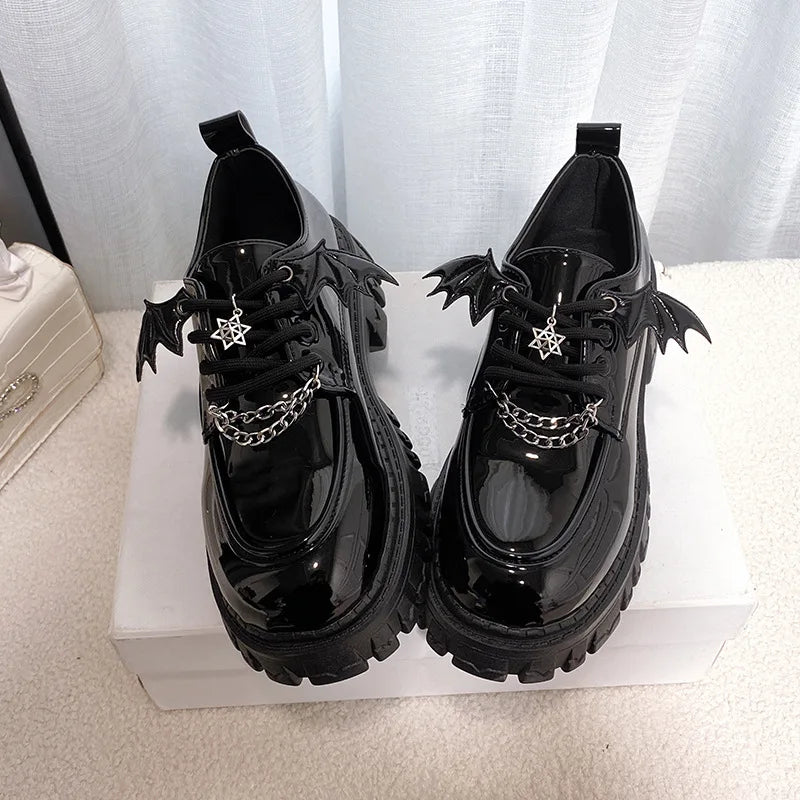 Black Bat-Wing Chain Platform Shoes