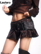 Women's Black Faux Leather Patchwork Ruffled Mini Skirt with Belt