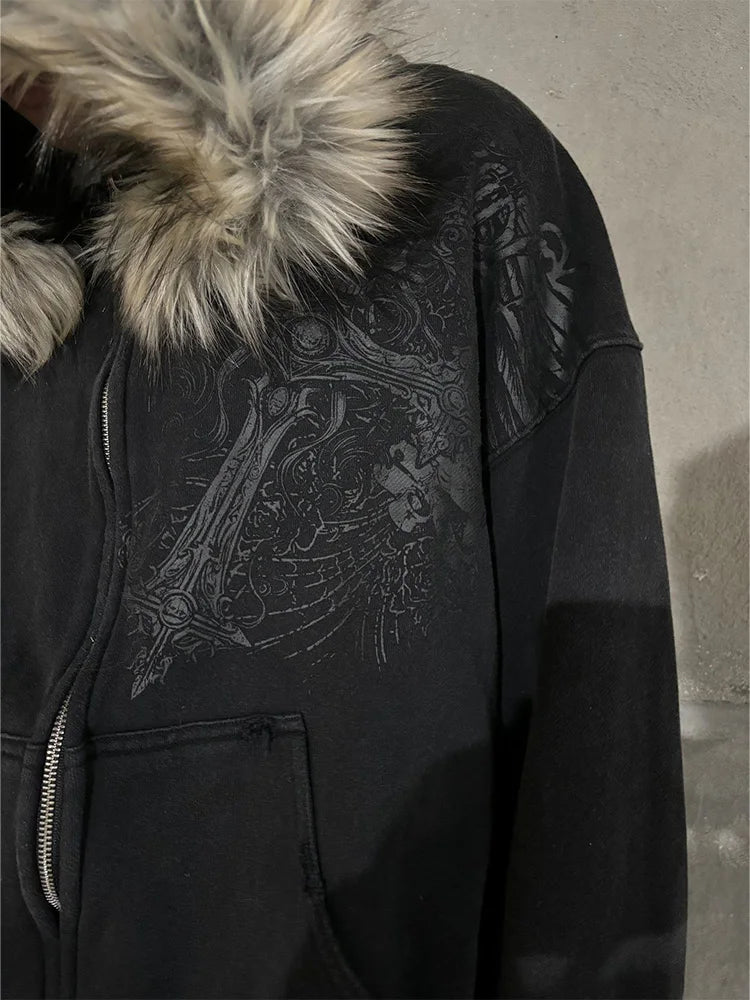 Women's Faux Fur Collar Graphic Zip-Up Hoodie