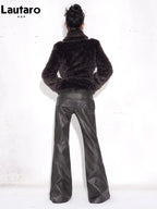Black-Gray Faux Leather High-Waist Flare Pants