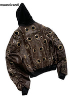 Men’s Oversized Hooded Faux-Leather Eyelet Jacket