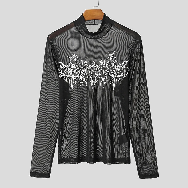 Men's Printed Mesh Turtleneck Long-Sleeve Tee