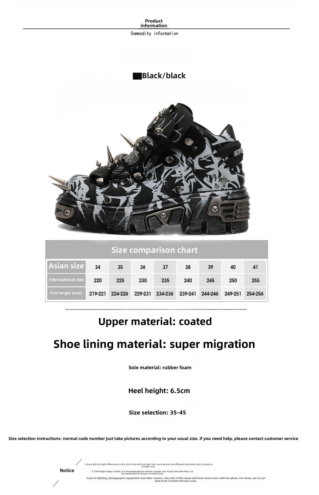 Grunge Black-and-White Graffiti Platform High-Top Shoes with Spikes