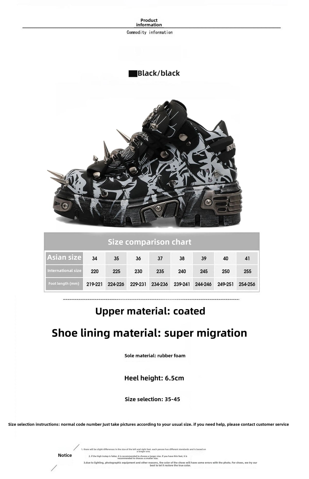 Grunge Black-and-White Graffiti Platform High-Top Shoes with Spikes