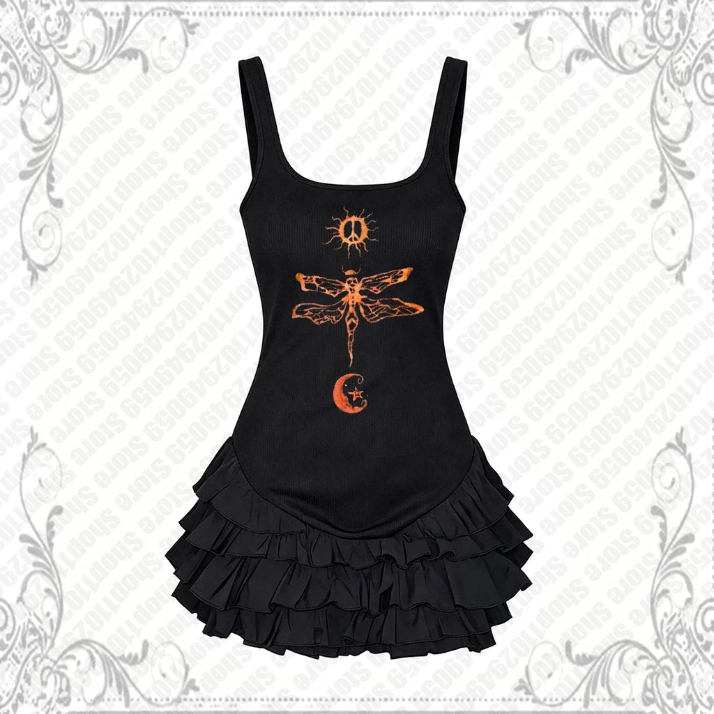 Black Gothic Dragonfly Graphic Ruffle Mini Dress