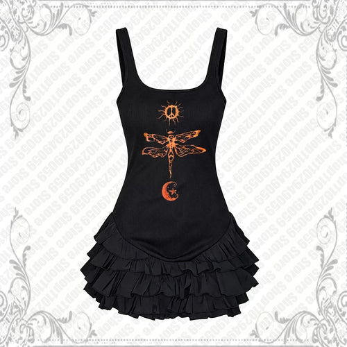 Black Gothic Dragonfly Graphic Ruffle Mini Dress
