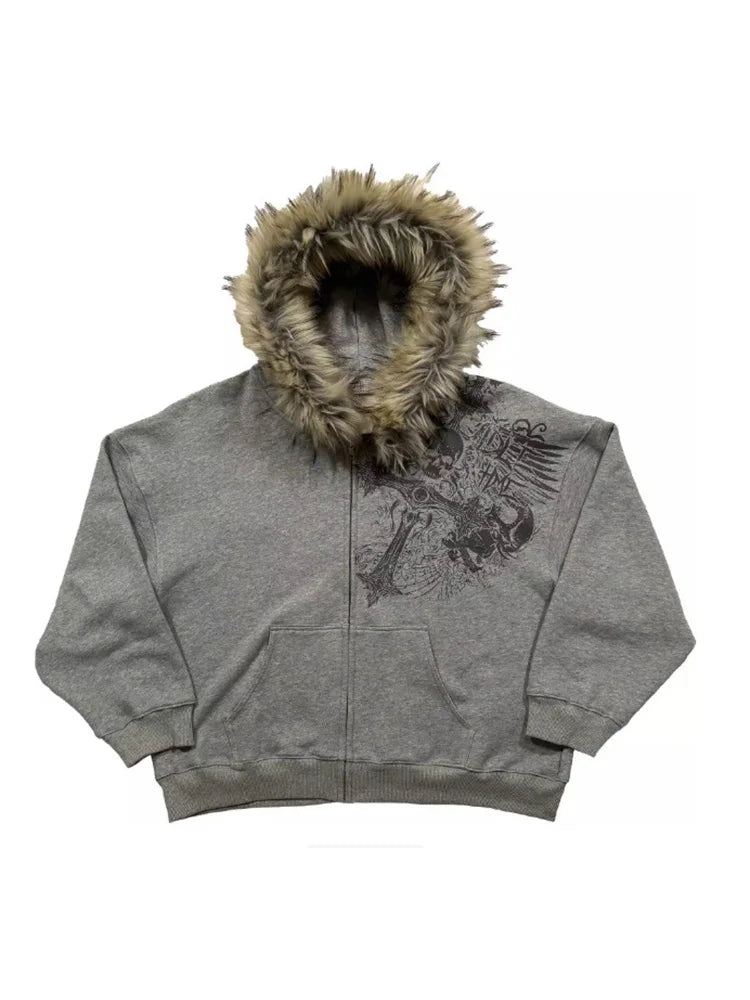 Women's Faux Fur Collar Graphic Zip-Up Hoodie