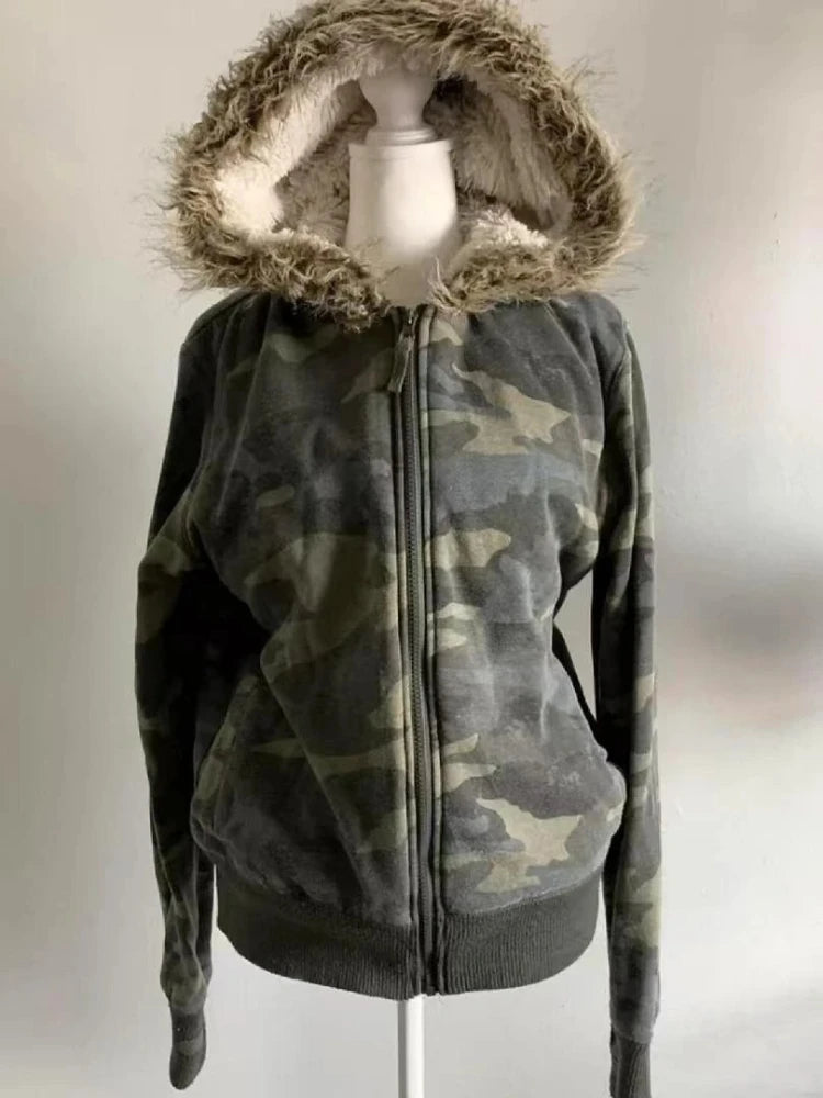 Faux Fur American Vintage Coats with Hooded Women's Y2K Sweatshirts Gothic Harajuku Subculture Punk Emo Sweatshirts and Jacket