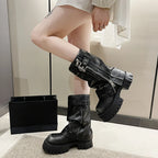 Women's Knee-High Platform Boots with Belt Detail and Square Toe