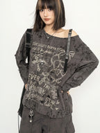 Women’s Distressed Graphic Off-Shoulder Long-Sleeve T-Shirt