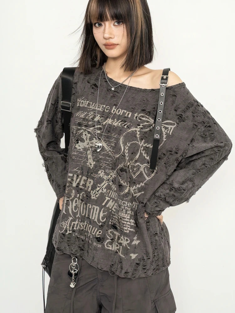 Women’s Distressed Graphic Off-Shoulder Long-Sleeve T-Shirt