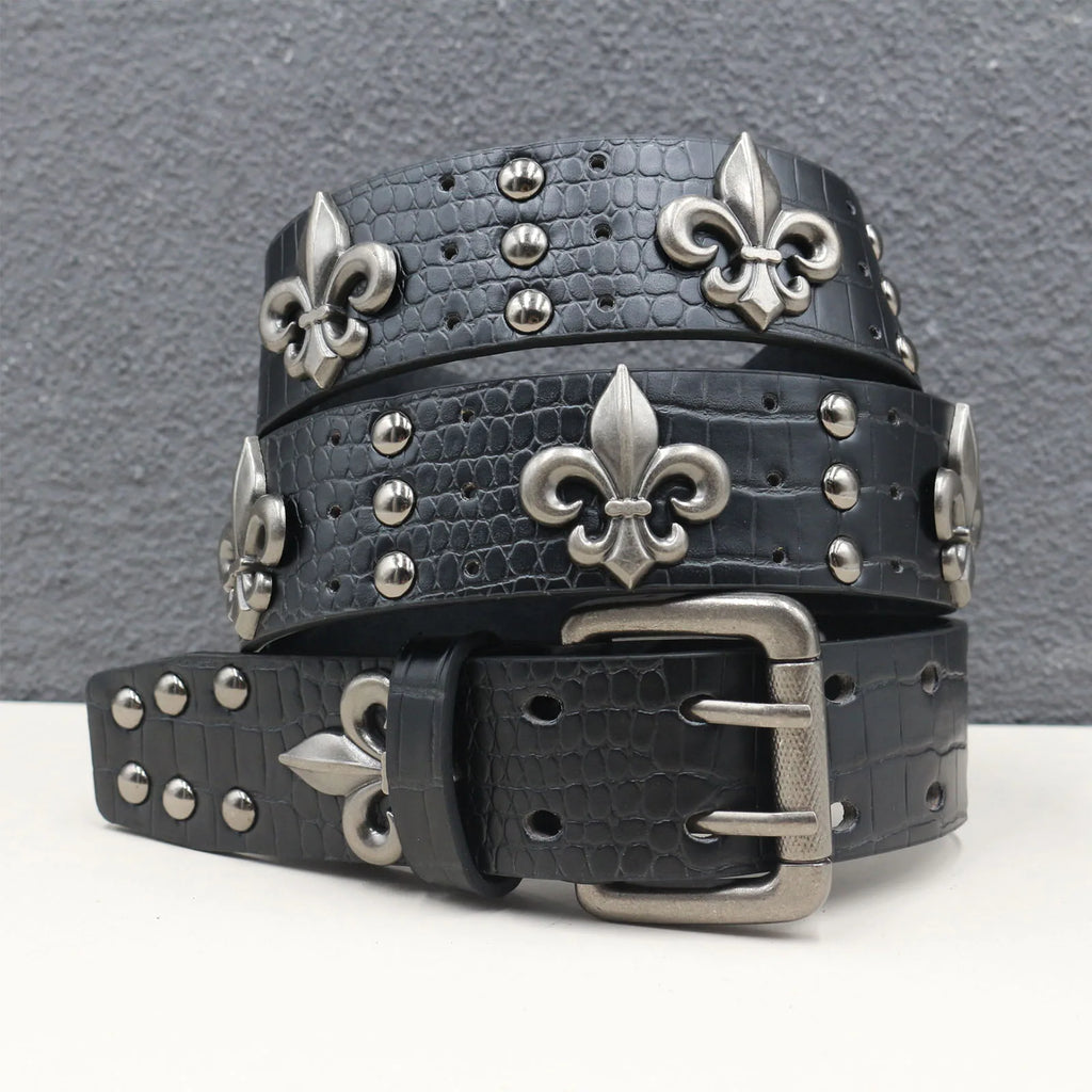 Crocodile-Embossed PU Belt with Fleur-de-Lis Rivets and Double Buckle