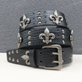 Crocodile-Embossed PU Belt with Fleur-de-Lis Rivets and Double Buckle