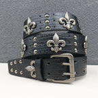 Crocodile-Embossed PU Belt with Fleur-de-Lis Rivets and Double Buckle