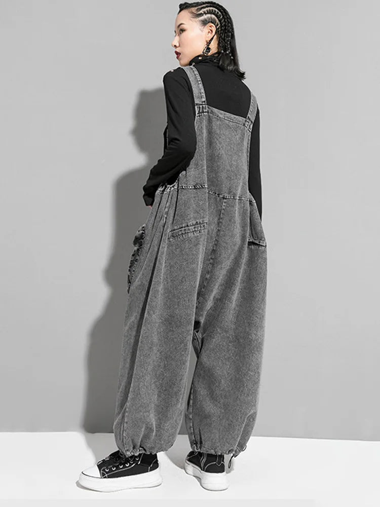 Women's Black Denim Bib Overalls - Loose Wide Leg