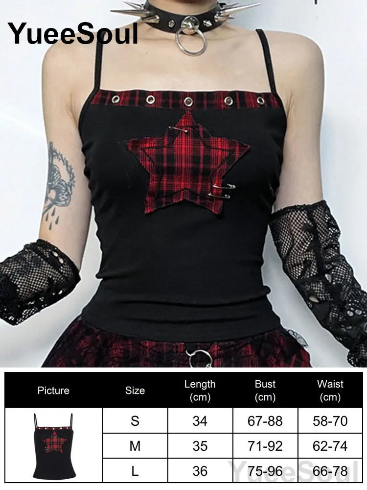 Black Camisole Top with Red Plaid Star Detail