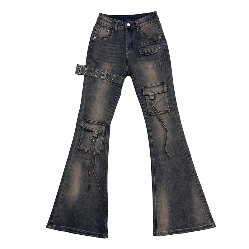 Women's Black and Blue Low-Rise Flare Cargo Jeans with Belt Detail