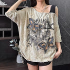 Women's Beige Butterfly Patchwork Graphic Off-Shoulder T-Shirt