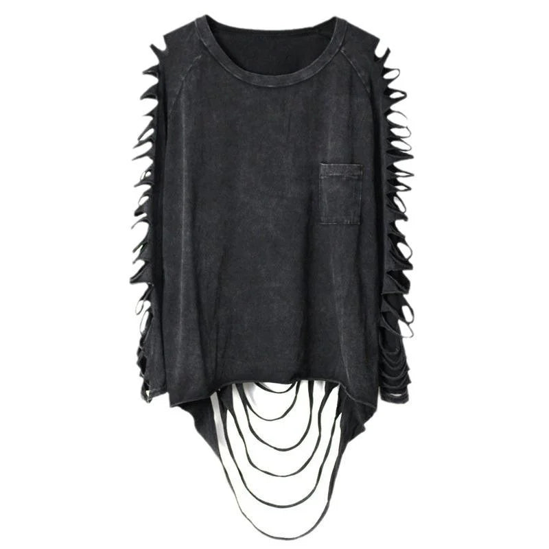 Black Distressed Long-Sleeve Top with Cutout Sleeves