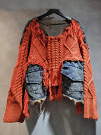 Women's Orange-Red Patchwork Knit Sweater with Denim Pockets