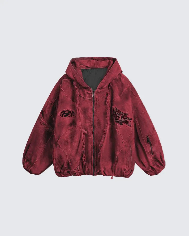 Men's Dark Red Hooded Distressed Utility Jacket