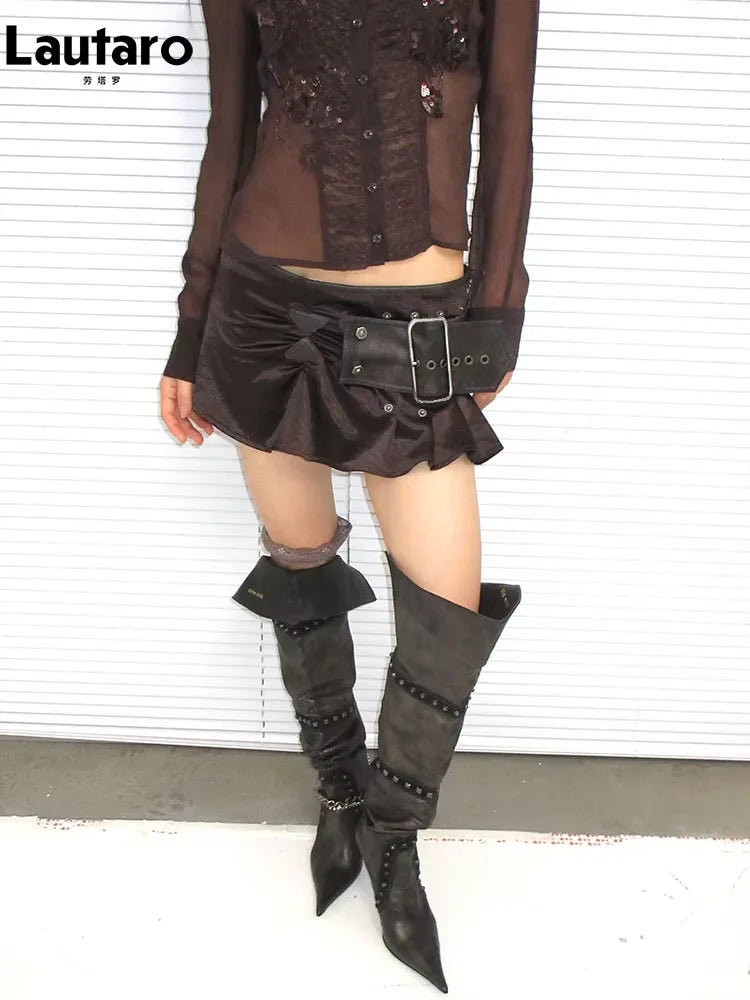 Women's Black Faux Leather Patchwork Ruffled Mini Skirt with Belt