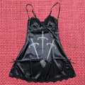 Black Lace-Trim Spaghetti-Strap Mini Dress with Sword Print