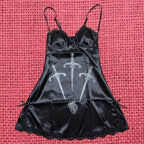 Black Lace-Trim Spaghetti-Strap Mini Dress with Sword Print