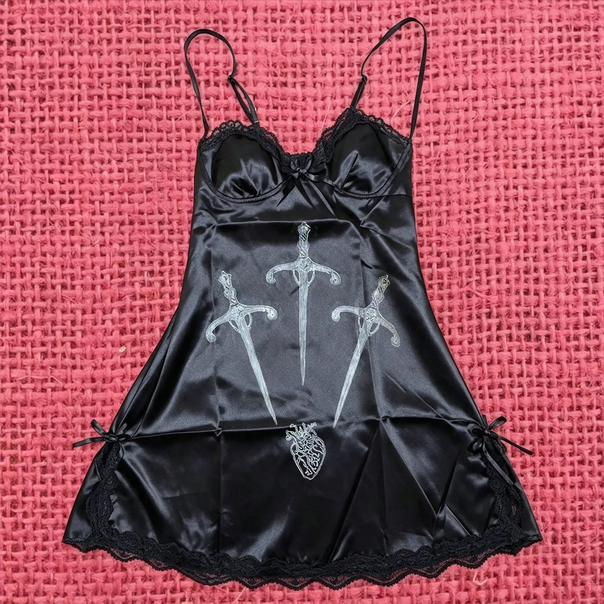 Black Lace-Trim Spaghetti-Strap Mini Dress with Sword Print