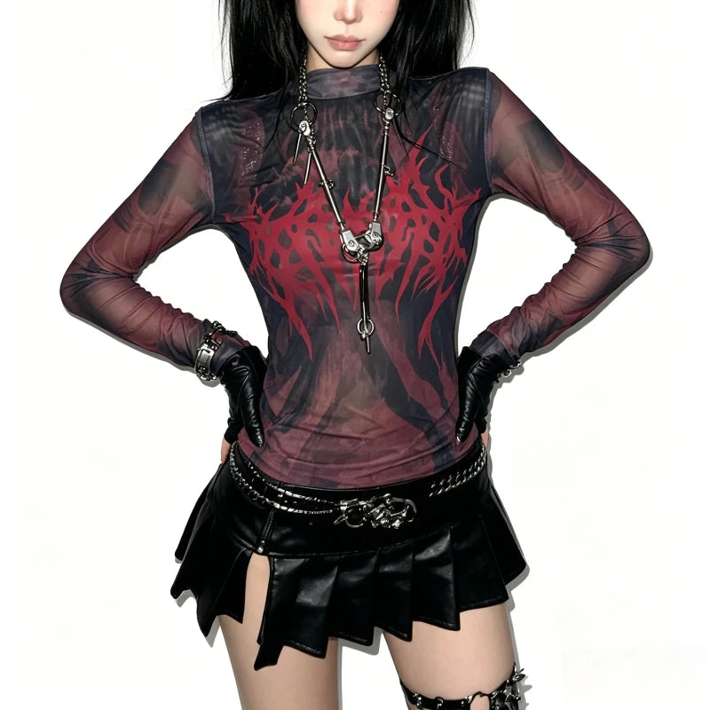 Women's Gothic Sheer Mesh Long-Sleeve Top with Red Graphic Print