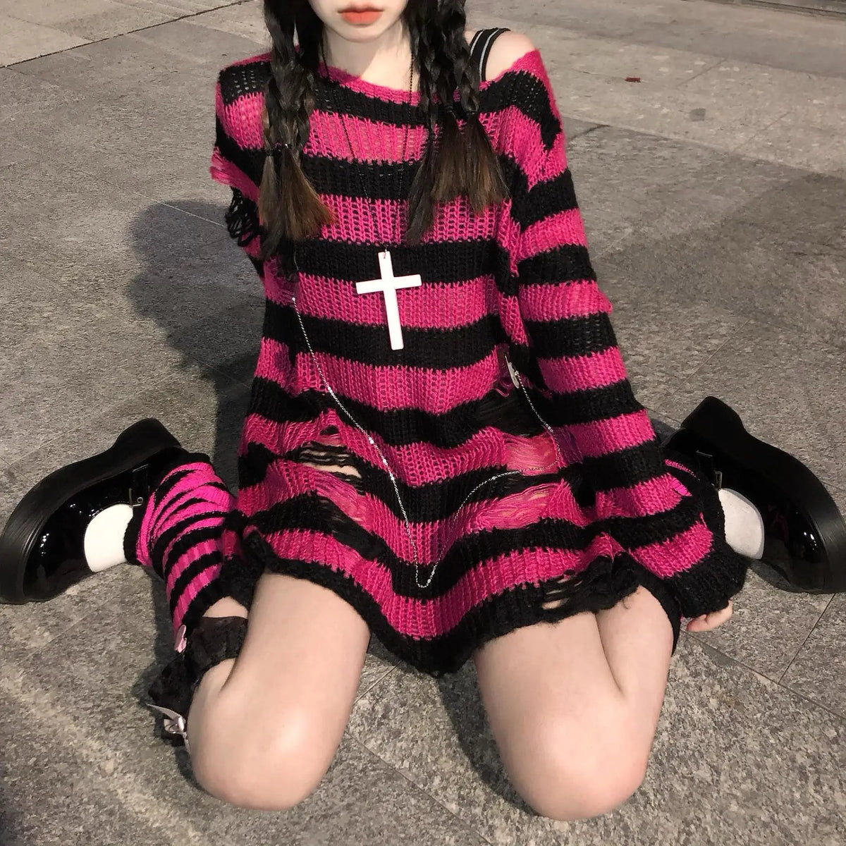 Women's Striped Distressed Knit Pullover Sweater