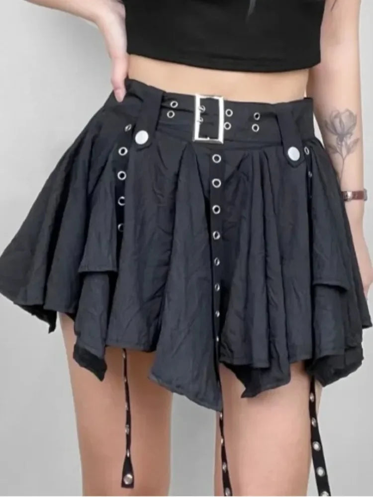 Women's Layered Pleated Mini Skirt with Belt Strap