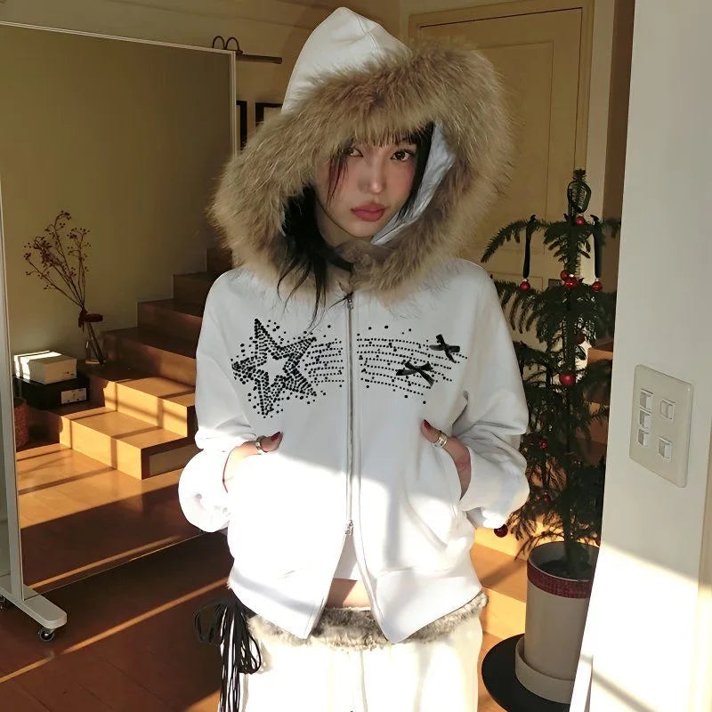 Faux Fur American Vintage Coats with Hooded Women's Y2K Sweatshirts Gothic Harajuku Subculture Punk Emo Sweatshirts and Jacket