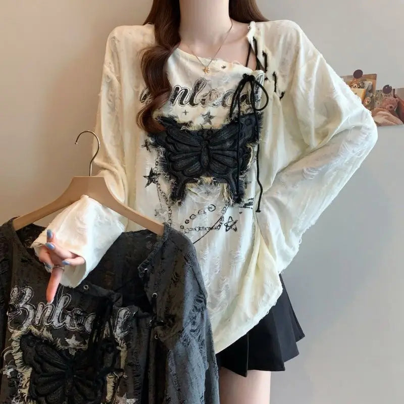 Grunge Butterfly Print Lace-Up Long-Sleeve Top