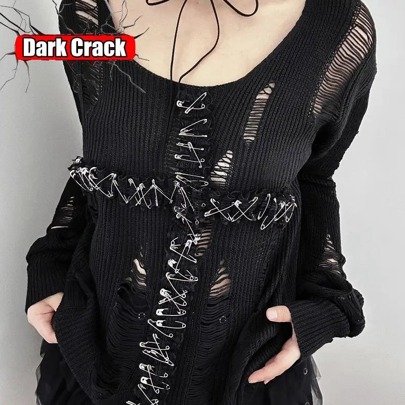 Women's Distressed Knit Sweater with Lace-Up Safety-Pin Cross Detail