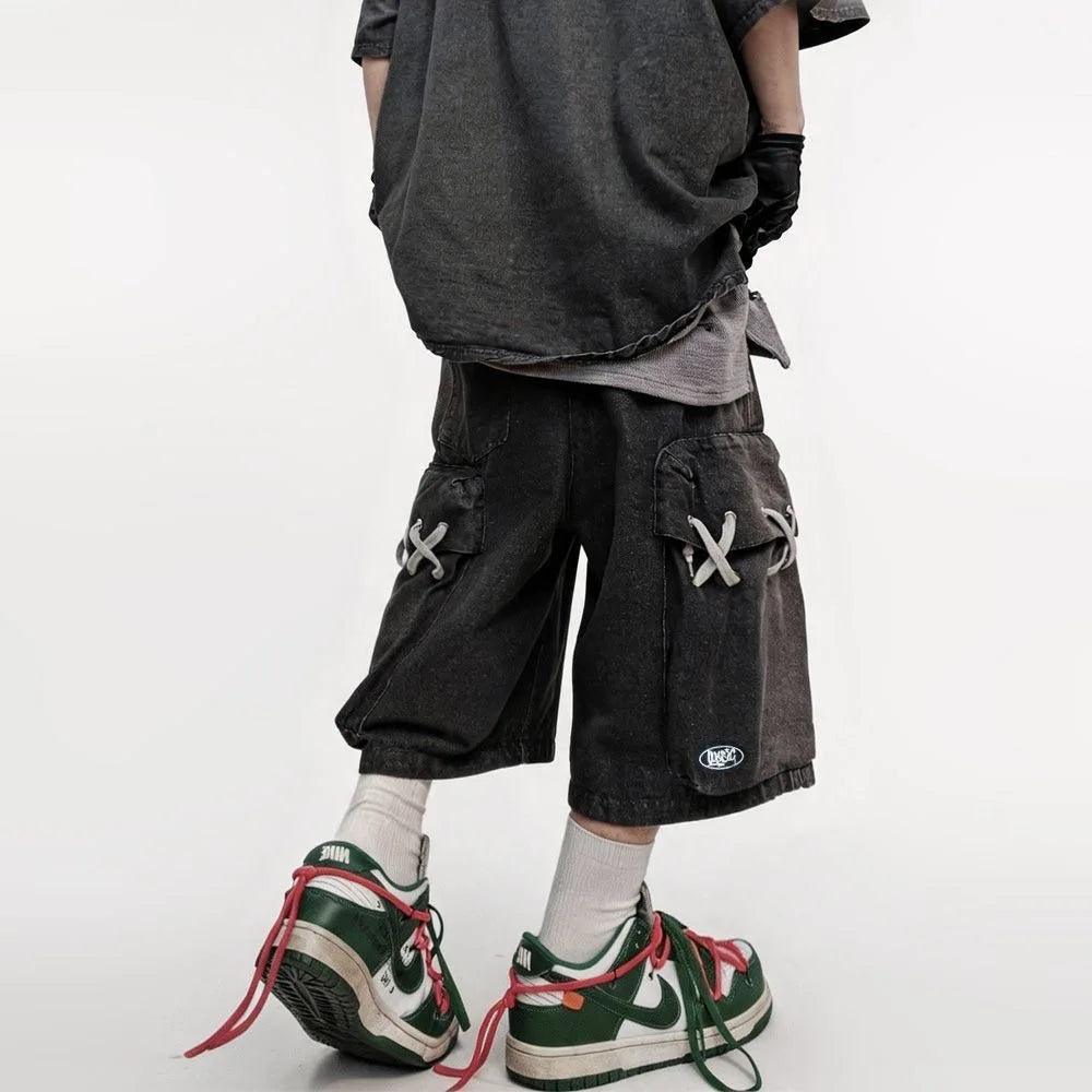 Men's Black Denim Cargo Shorts – Loose Knee-Length Drawstring Shorts