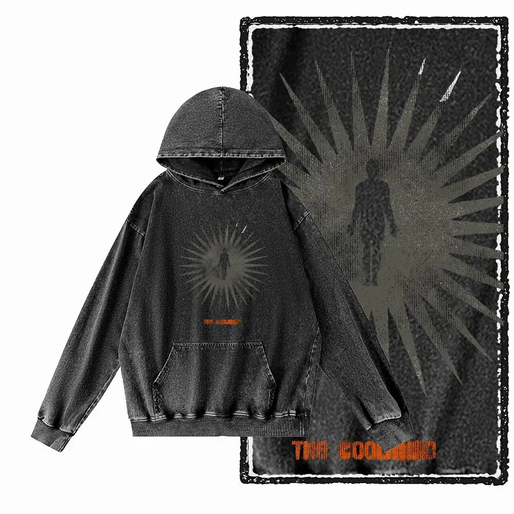 Men's Acid-Washed Black Printed Pullover Hoodie