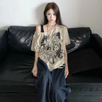 Women's Khaki Butterfly Graphic Off-Shoulder T-Shirt