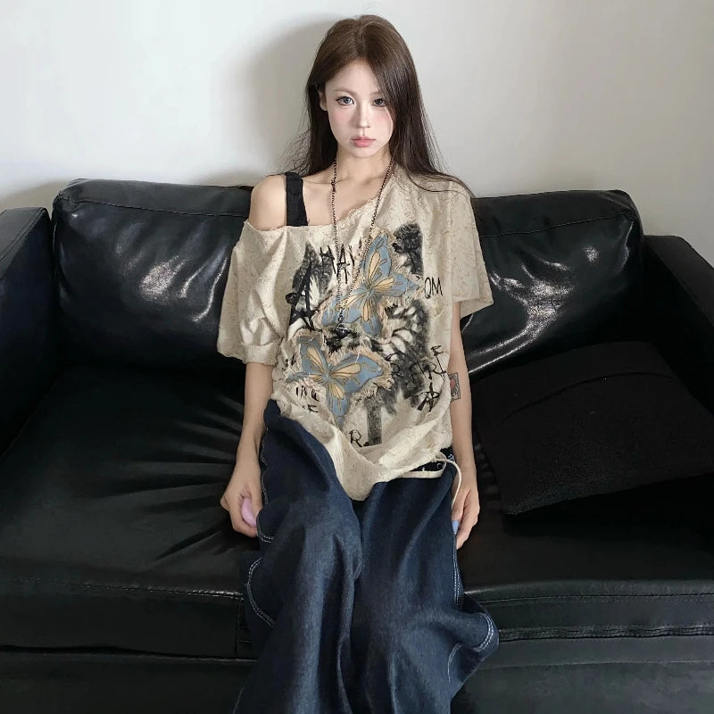 Women's Khaki Butterfly Graphic Off-Shoulder T-Shirt